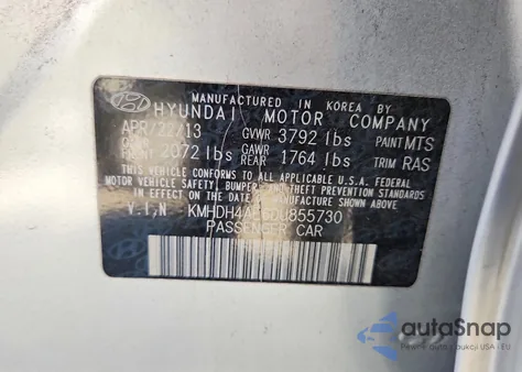 2013 Hyundai Elantra Gls z USA, uszkodzony, nr VIN KMHDH4AE6DU855730